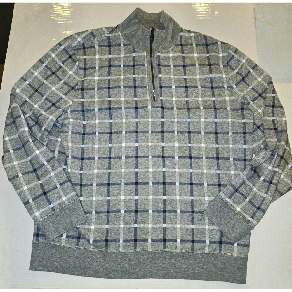Nautica Men’s XL 1/4 Zip Pullover Sweatshirt Gray Blue Plaid Fleece Casual